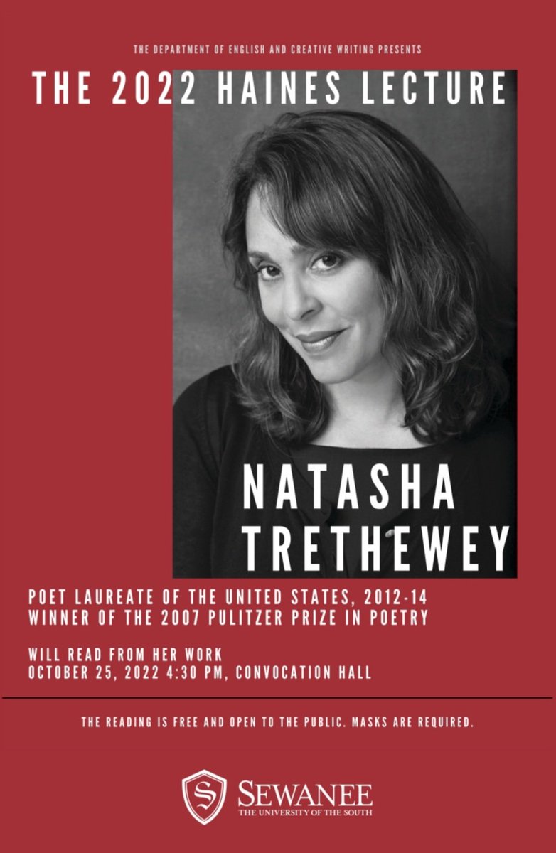 SewaneeEnglish's tweet photo. The 2022 Haines Lecture is upon us! Come listen to Pulitzer Prize winning, two time poet laureate of the United States, Natasha Trethewey give a talk in Convocation Hall at 4:30 PM https://t.co/l5dGBcgOQC