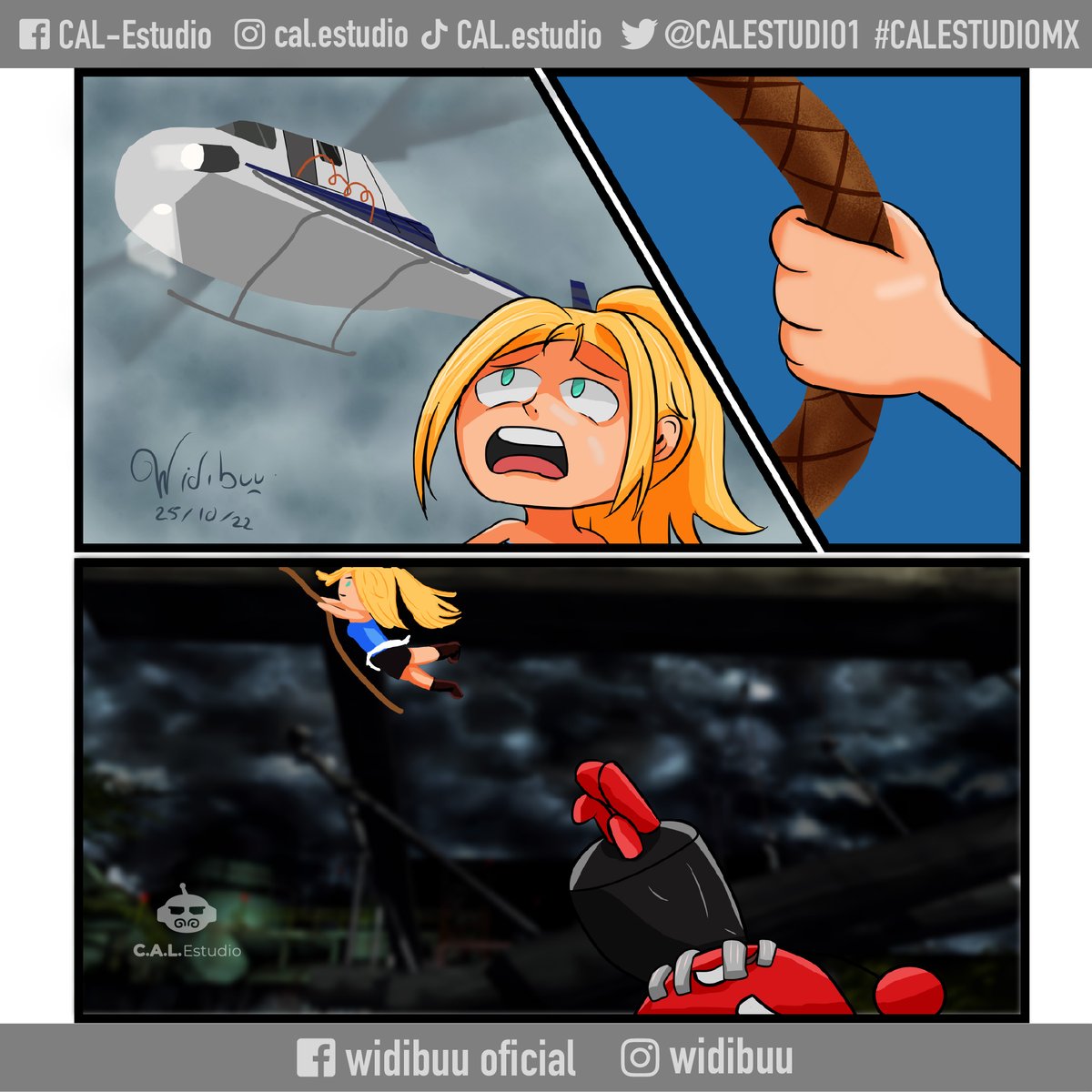CALESTUDIO1's tweet photo. Parodia de #residentevil3nemesis para celebrar su 23 aniversario, elaborado por nuestro colaborador @widibuublindado  que realizó este pequeño #comic con la participación de Cali nuestra mascota.
#ResidentEvil #residentevil3 #fanart #Octubre2022 #ilustracion #ilustraciondigital https://t.co/VnjJA6MLVg