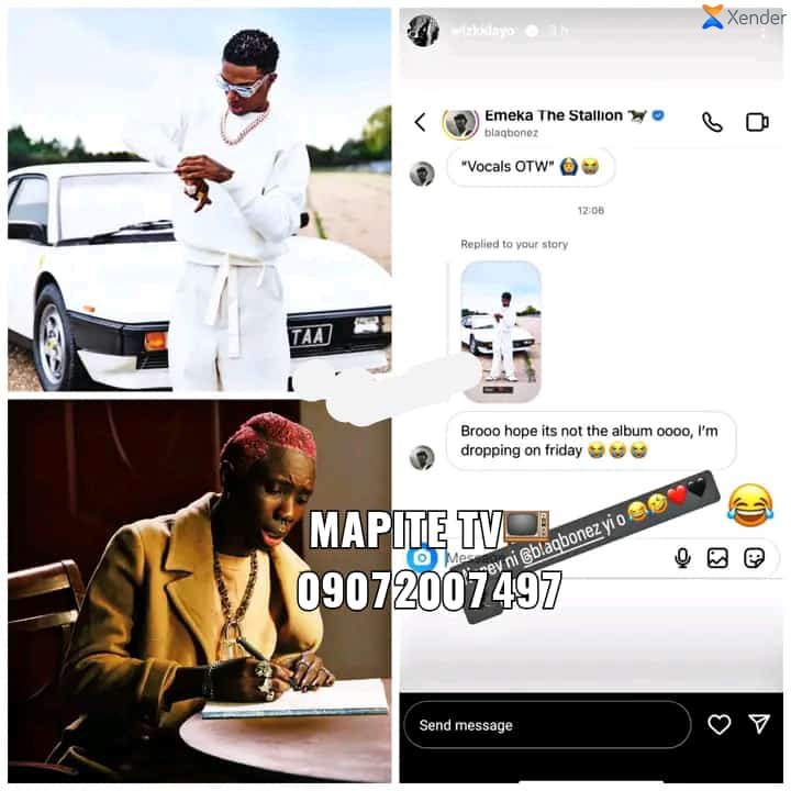 MapiteTv's tweet photo. BlaqBonez asked Wizkid not to drop album on Friday, immediately wizkid posted on his IG story "3days to go" as he also reminds him that he have his album to drop on Friday 😆‼️ https://t.co/JtqUGGWm6q