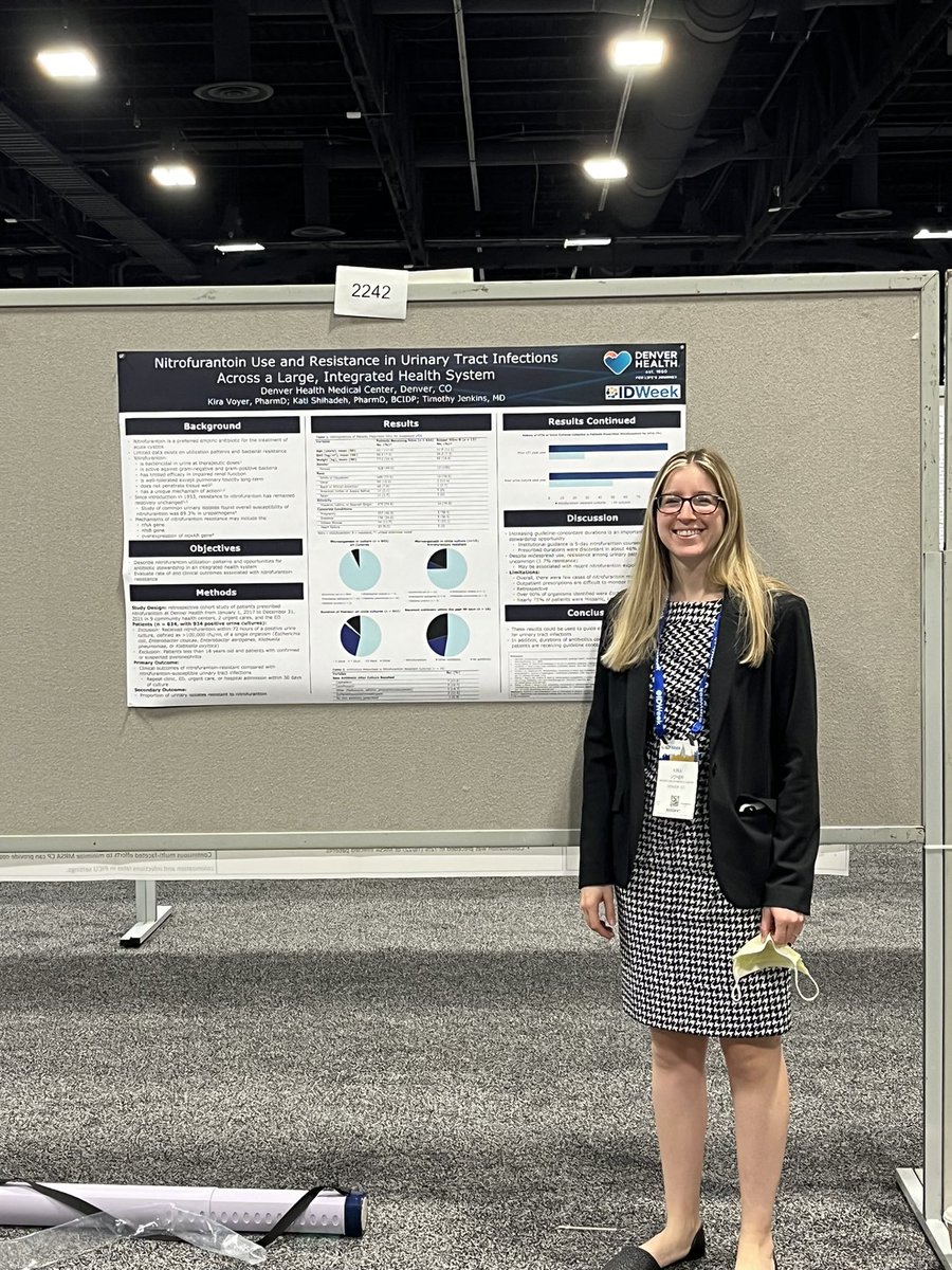DHPharmRes's tweet photo. Our PGY2 @kiraglutide presented her research on nitrofurantoin use and resistance in UTIs at #IDweek22! She’s giving ID steward 🫡🦠💉#PharmRes #SIDP #TwitteRx #IDTwitter  @kcshihadeh @SIDPharm @IDWeek2022 https://t.co/VODewTsmO6