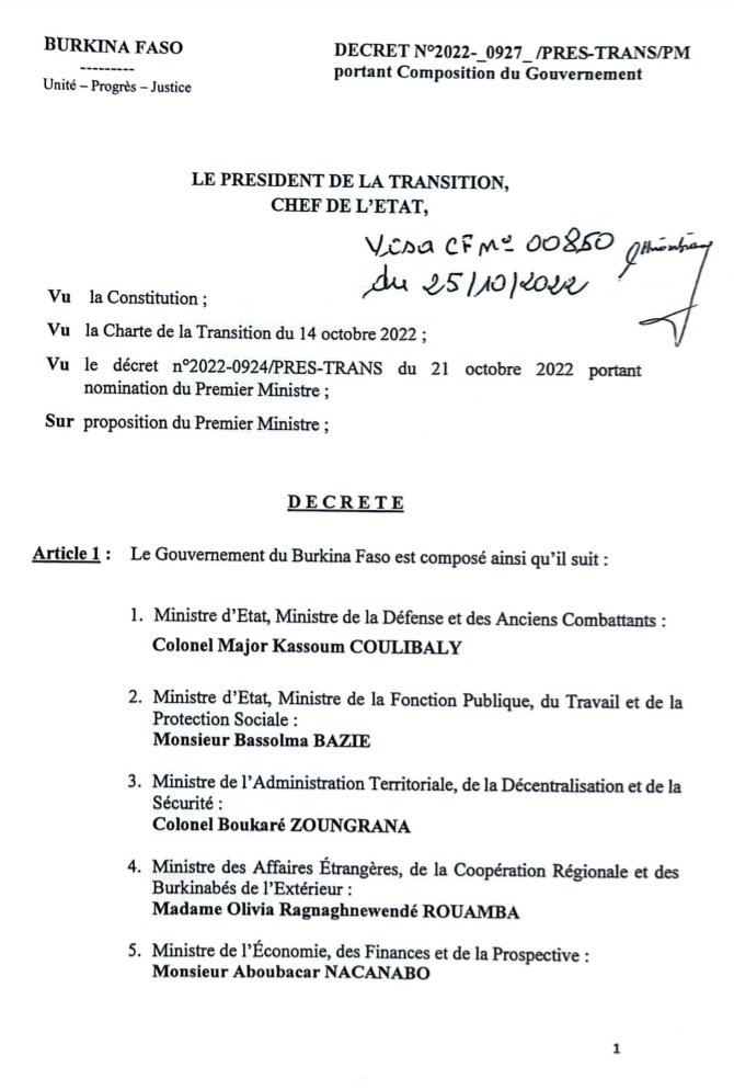 sigbf's tweet image. Décret portant composition du Gouvernement

#Com_Gouv_BF
#SIGBurkina
#BurkinaFaso