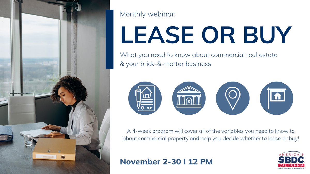 OCIESBDC's tweet photo. It's here! Our 4-week, Lease or Buy program to help you decide whether you should lease or buy commercial properties. We'll be covering all variables needed to help you understand commercial property and whether to lease or buy. 💥

Learn more > https://t.co/7Eyb2dWCeW https://t.co/2QN91mfd2Q