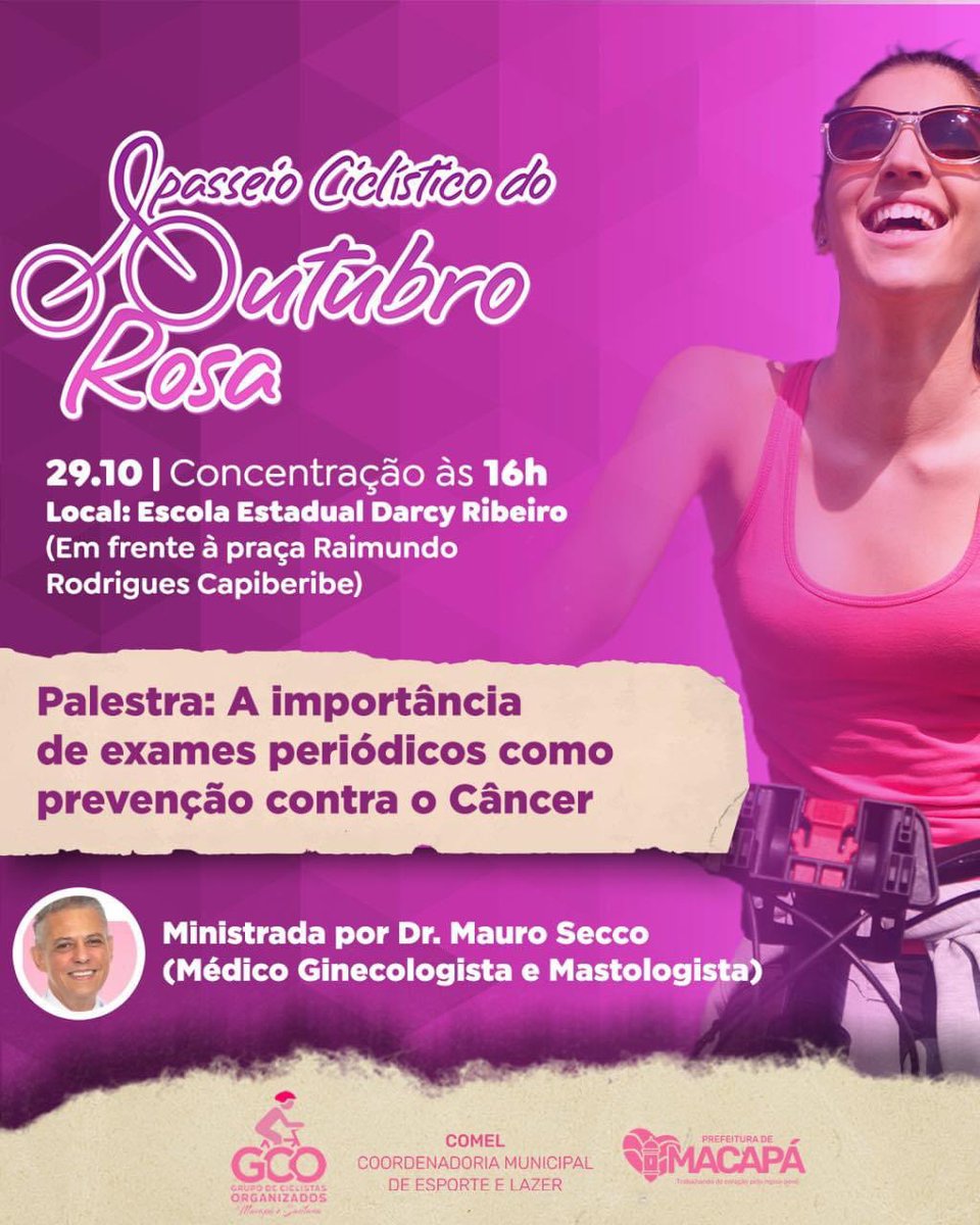 💗 O Outubro Rosa ainda não acabou! A Prefs, através da Comel, vai promover um passeio ciclístico.

📆 O projeto vai acontecer no sábado dia 29, com concentração às 16h, em frente à praça Raimundo Rodrigues Capiberibe, no Novo Horizonte.

💪 Vem participar!