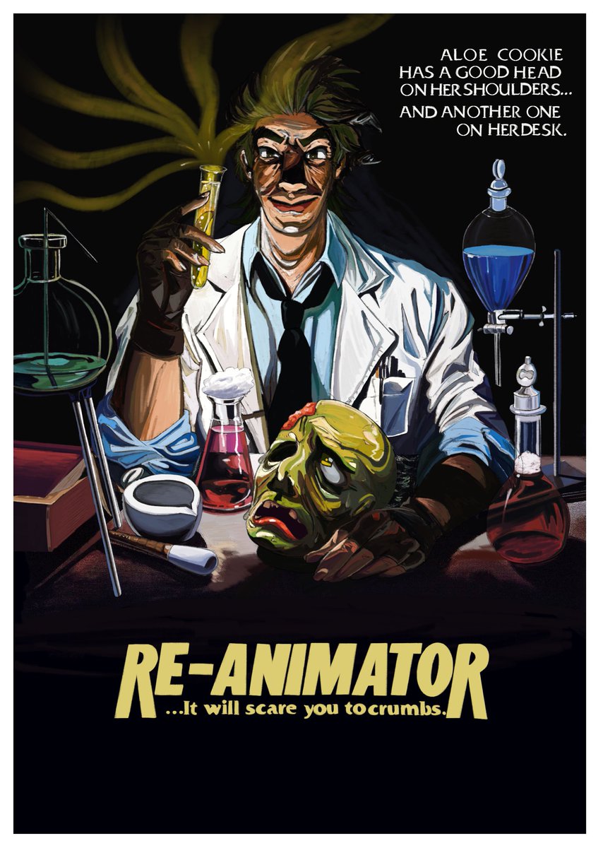 ratscrapz's tweet photo. [ cookie run ]

..HAPPY HALLOWEEN!!!!!! here’s a paint over of the re-animator movie poster :-)

#cookierun #cookierunfanart #aloecookie #zombiecookie https://t.co/OSgip4lS0X