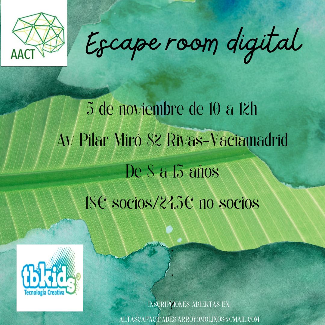 En AACT nos vamos de Scape room junto a TbKids en Su sede de Rivas Vaciamadrid de 10 a 12h.
¿Quién se apunta? Será una mañana muy divertida. La actividad consistirá en un Scape room digital ( se hará con los ordenadores que tienen en su sede )y tendrá lugar el 5 de noviembre