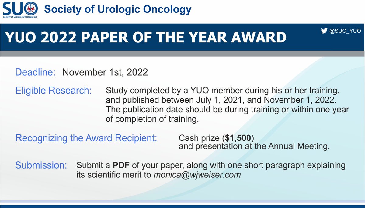 YUO fellows don’t forget to submit your published manuscript for paper of the year .. winners announced at #suo22 @AmerUrological @UroOnc deadline Nov 1st