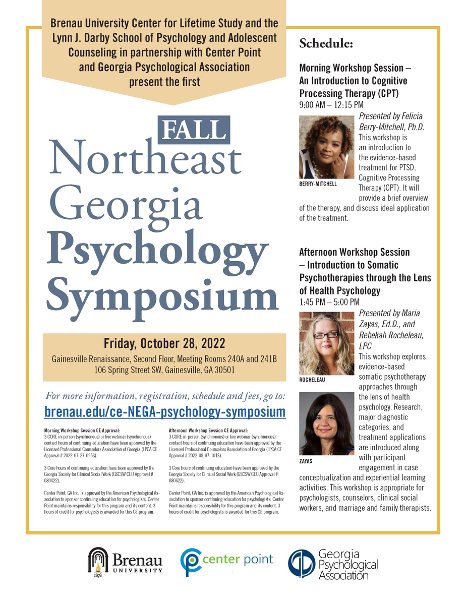 gapsychassn's tweet photo. This Friday is the Fall Northeast Georgia Psychology Symposium! Register now to complete your #psychology #counseling and #social work CE with this event featuring presenters Felicia Berry-Mitchell, Ph.D., Maria Zayas, Ed.D. and Rebekah Rocheleau, LPC.  https://t.co/m1dWX9OjkW https://t.co/XJ7dK2uozw