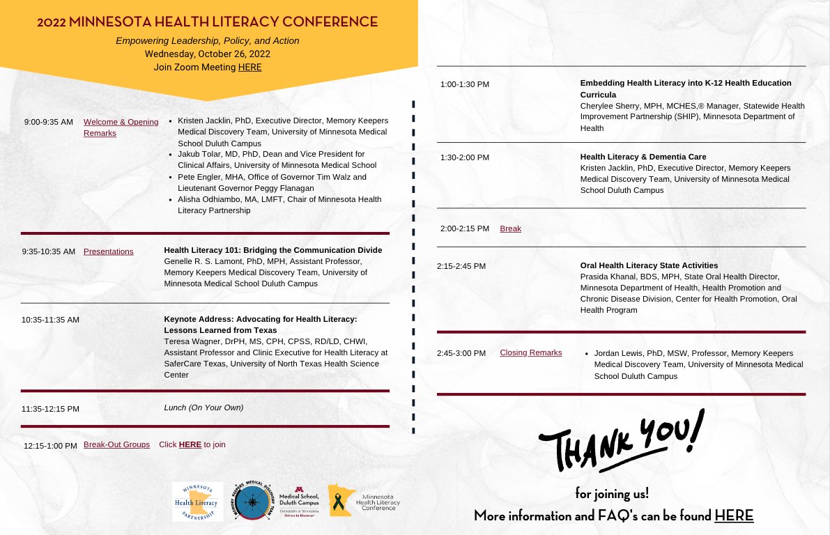 MemoryKeeperMDT's tweet photo. Its tomorrow! Register now for the 2022 Minnesota Health Literacy Conference co-hosted by
@MNHealthLit and @MemoryKeeperMDT! Updated agenda below. See you tomorrow at 9 AM! #HLC22 #HealthLiteracy https://t.co/t5O2MYTlI3