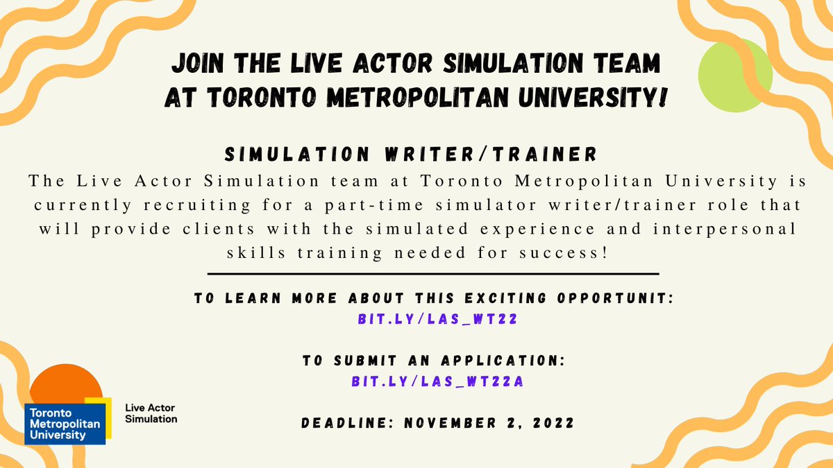 The Live Actor Simulation Program at Toronto Met University is looking for a simulation writer/trainer!
For more information please visit bit.ly/las_tw22 &amp; complete an application at bit.ly/las_wt22a!