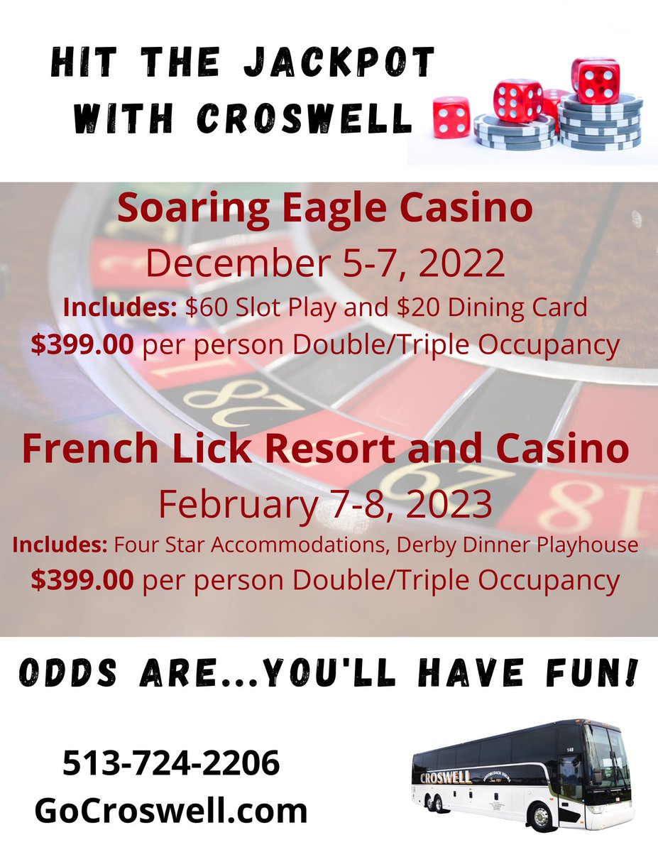 gocroswell's tweet photo. It's Travel Tuesday! Ready to hit the slots or play some table games?  We have some great gaming packages! Visit https://t.co/jRqqLfXhSs for all the details!
#GoCroswell  #TravelTuesday https://t.co/1d4Ef1XPZZ