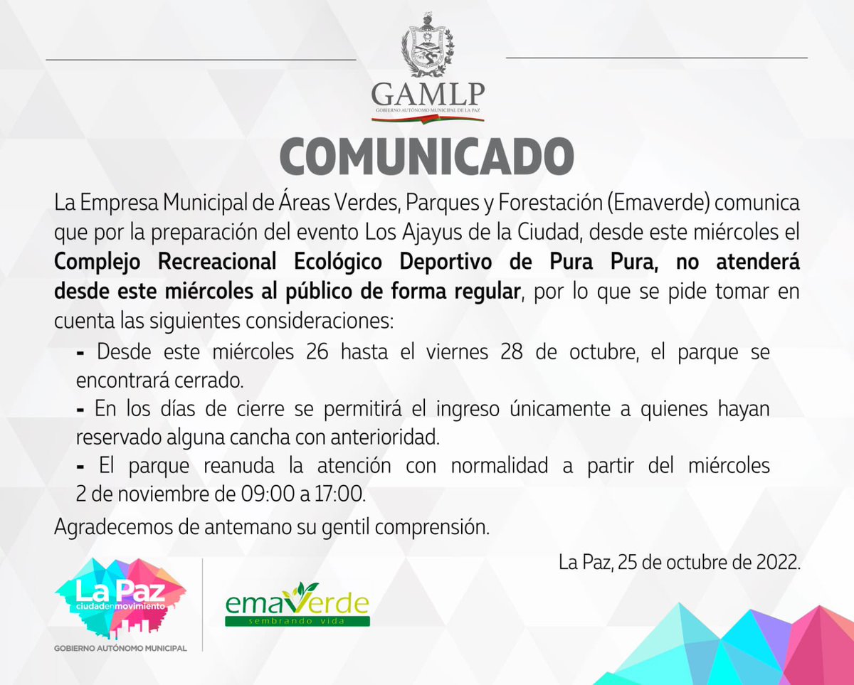 #IMPORTANTE | COMUNICADO
#LaPazEnMovimiento 
#PorElBienComún
#Emaverde
#LaPazModernayVerde
#LosAjayusDeLaCiudad
#GAMLP