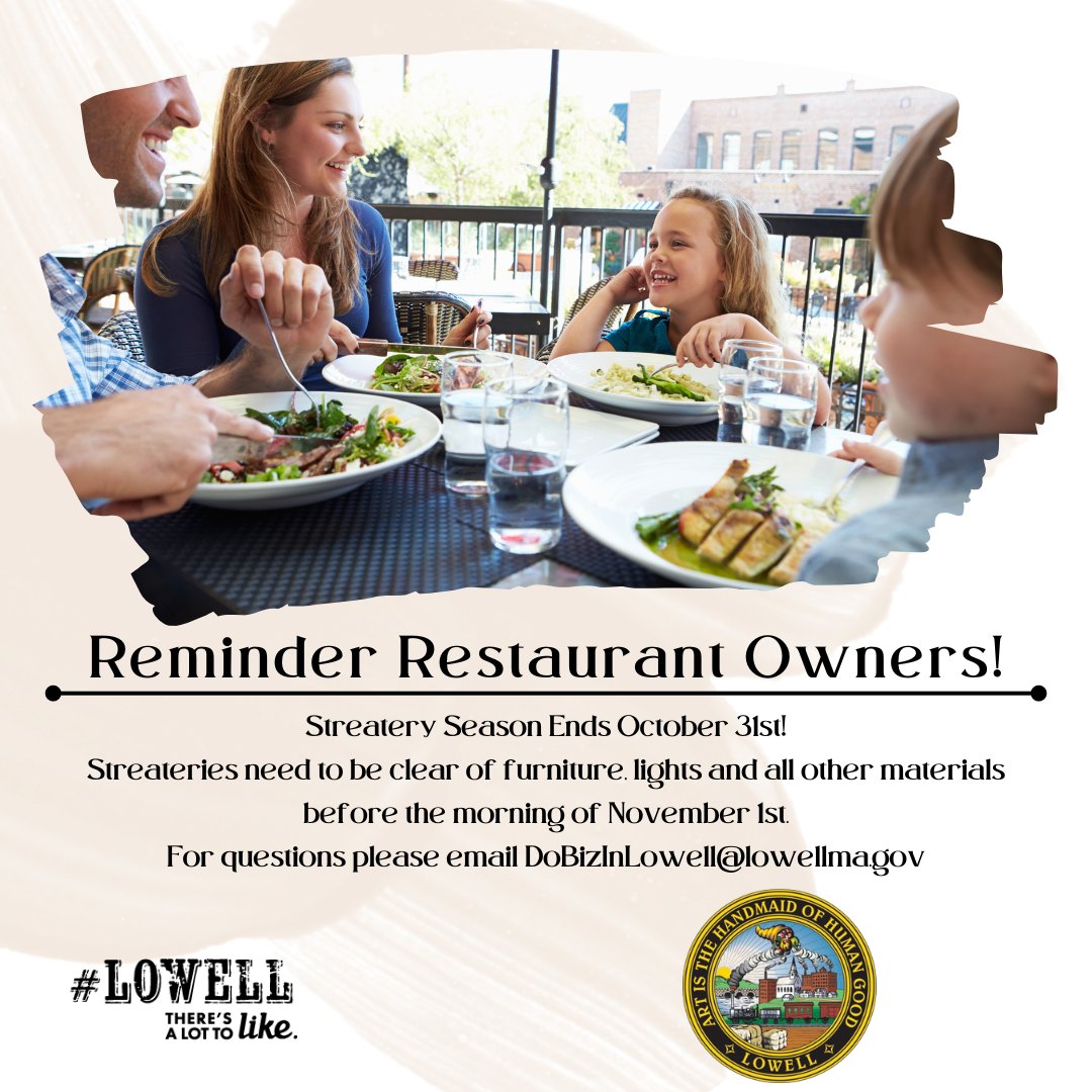 DoBizInLowell's tweet photo. ATTENTION RESTAURANT OWNERS!
Streateries need to be clear of furniture and all other materials by the morning of November 1st!
For question please email us at DoBiZInLowell@lowellma.gov we will happily assist you. 

#SmallBusinesses #businessowners #CITY #outdooreating https://t.co/Wsa220CB6L