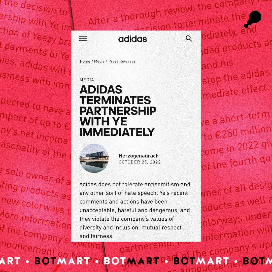 In today's news, Adidas follows whole host of other companies in completely cutting ties with Ye over Anti-Semitic comments he made this week during an interview🤯

Adidas have projected a $/€250 MILLION loss in revenue in the festive season of Q4💵

Will Adidas stay relevant?🧐