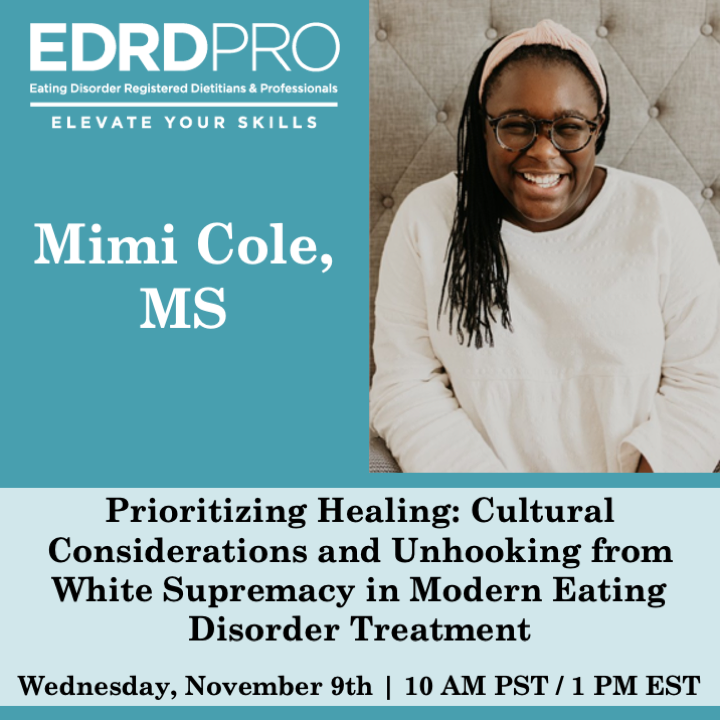 MyDietitian's tweet photo. Next month, Mimi Cole joins us to present Prioritizing Healing: Cultural Considerations and Unhooking from White Supremacy in Modern Eating Disorder Treatment.

Details at https://t.co/2EmzOdS8M0 

#Intersectional #FatLiberation #FatPostive #Dietitian #EatingDisorders #RD2BE https://t.co/uMGHyl00Mu