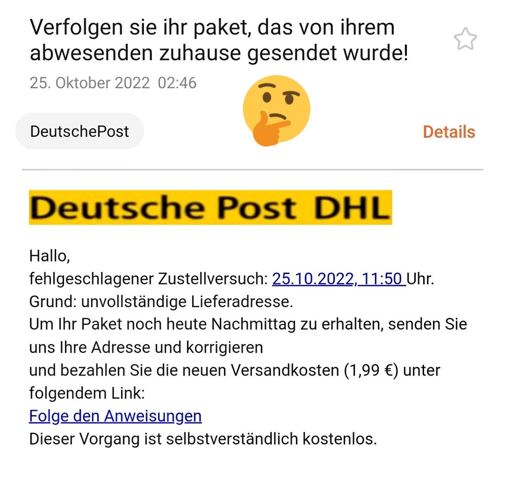 CriLau72's tweet photo. Ich rätsele immer noch, wer da bei mir zu Hause Pakete verschickt.... 🤔🤔🤔 #fragefüreinenfreund #deutschepost #GenugBetrug https://t.co/OtG6fQnBqG