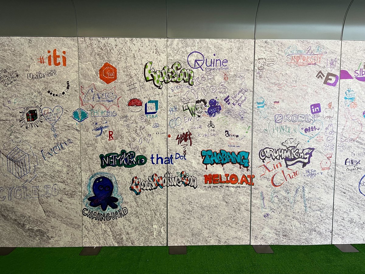 The Quine and thatDot logos looking pretty on the graffiti wall at #kubeconNA and #ReactiveSummit. Pixel-perfect reproductions by @rrwright (who is also around to talk graph ETL, CEP, and event processing use cases!) 

quine.io/reactive22