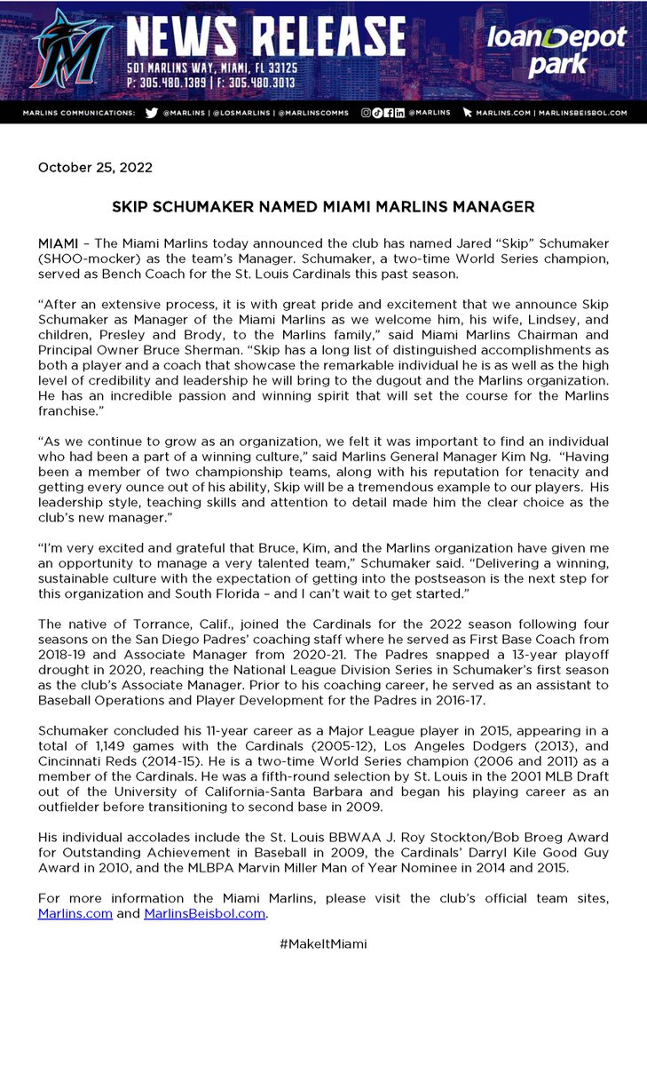 Skip Schumaker Named Miami Marlins Manager