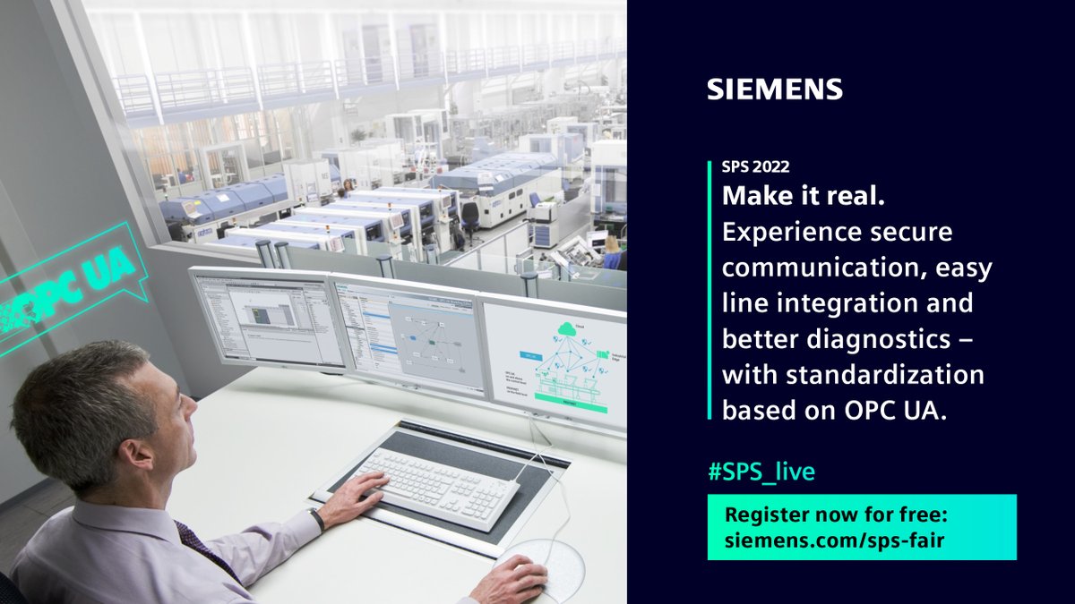Discover 🧐 the benefits of #standardization based on #OPCUA from November 08 to 10 at #SPS_live.
Many use cases are waiting for you at the solution domain “Machine Connectivity &amp; Integration”, #Siemens Booth, Hall 11. 
Get your free ticket now 👉 sie.ag/3gBSnAS
