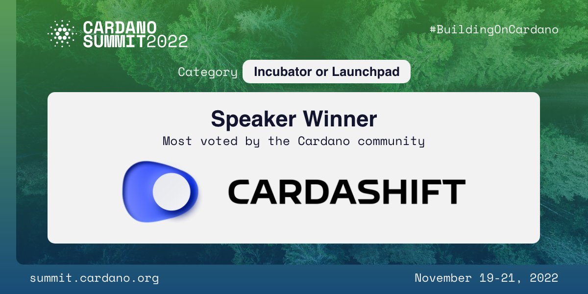 Cardano_CF's tweet photo. 🎊 Announcing the Speaker Winner voted most by the #CardanoCommunity for the category "Incubator or Launchpad"....

🎙 @cardashift 

Congratulations! 👏

We look forward to seeing you present at the #CardanoSummit2022!

Find out more: https://t.co/cP8qSqwOWS

#BuildingOnCardano https://t.co/iLloeSj6KK