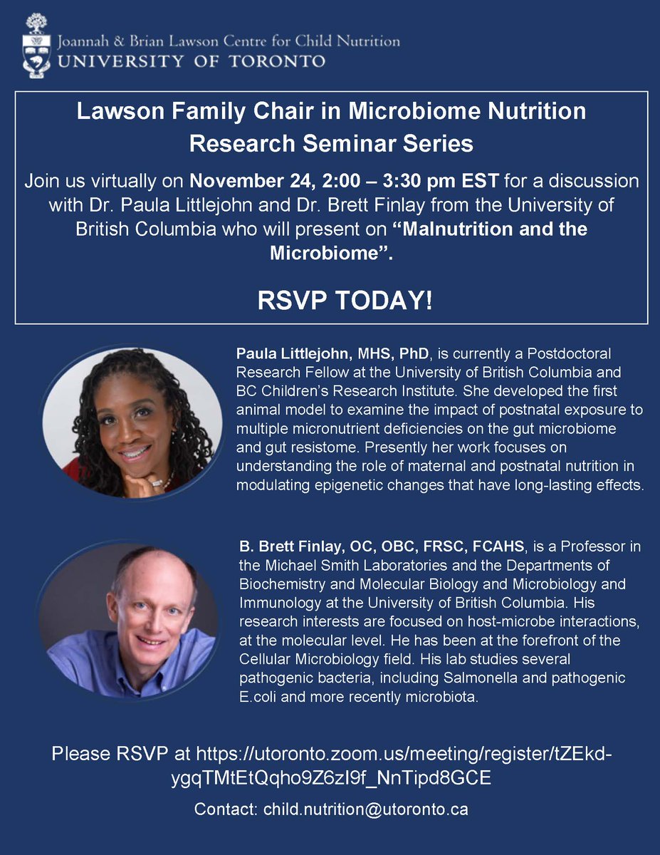 📢Register for the Lawson Centre Seminar Series on November 24th! Hosted by the Joannah & Brian Lawson Centre for Child Nutrition, this series will present on #malnutrition and the microbiome. Register today: bit.ly/3zgpUXO