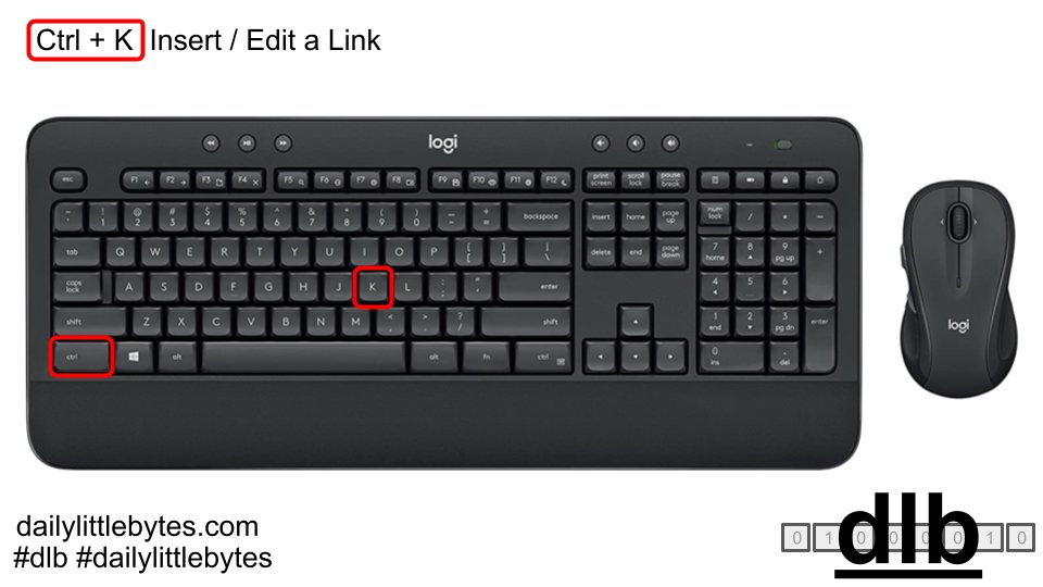 DailyLittleByte's tweet photo. Ctrl K to Insert / Edit a Link.

#dailylittlebytes #dlb #QuickTip #QuickTipTuesday #tips #tipsandtricks #shortcuts #shortcutkeys #GoogleWorkspace #GoogleDocs #microsoftWord #MicrosoftOffice #tuesday
https://t.co/je2I5MuvzF https://t.co/HglN4kLduV