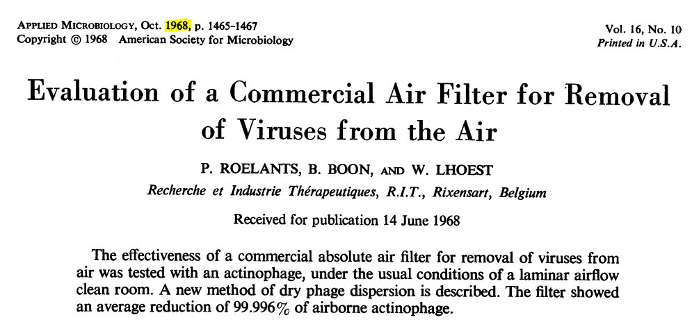 Already in 1968 (!) the efficiëncy of air purification for the removal of viruses became clear. Belgian research. Number 38 already in my blog with comparable research. medium.com/@carlvank/luch…