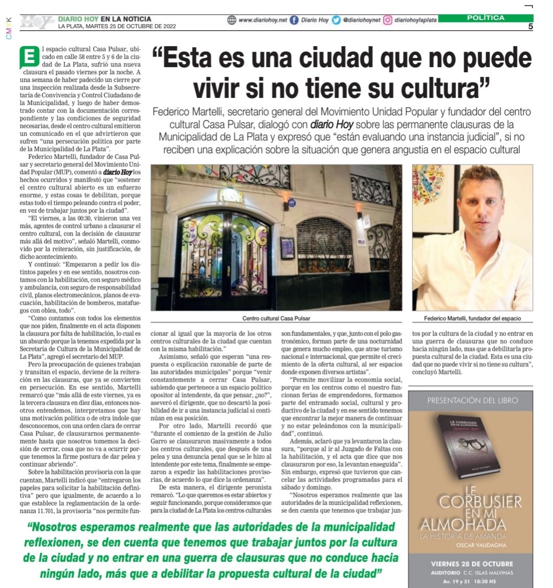 MartelliFede's tweet photo. La cultura es un pilar fundamental de la ciudad de #LaPlata; genera empleo, dinamiza la economía, construye ciudadanía y es una herramienta de inclusión social.
Por los artistas y por nuestra ciudad, no vamos a bajar los brazos.
#CasaPulsar #TieneValor https://t.co/JlDVytwWEk
