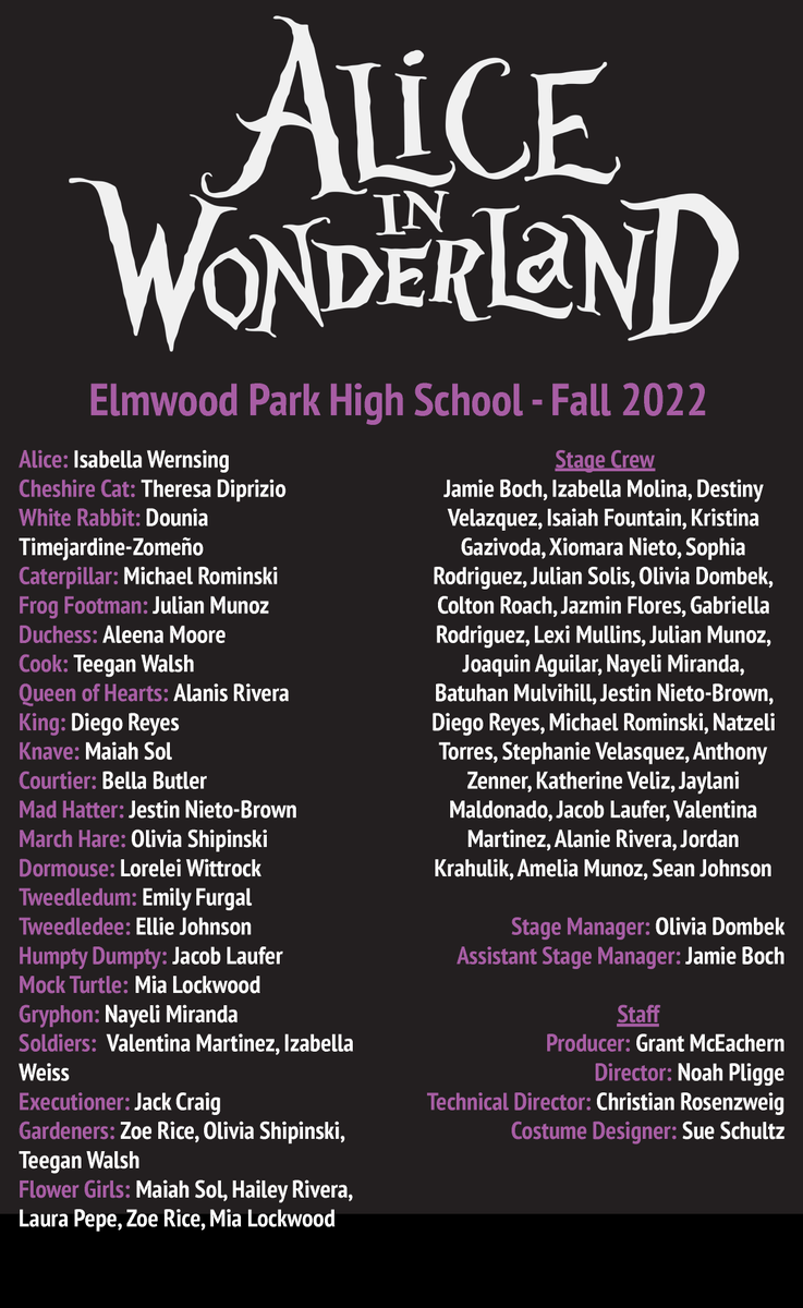 ephs401_tigers's tweet photo. Don't miss #EPHSTheater's production of "Alice in Wonderland"! The fall play will be performed Friday @ 7pm & Saturday @ 2pm and 7pm in the high school auditorium. General admission is $5, and EP students, staff & seniors get in free. See you there! #EPArts #EPTigerPride https://t.co/p1yyUOEThM