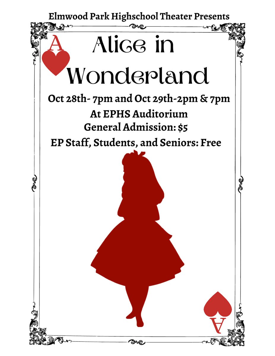 ephs401_tigers's tweet photo. Don't miss #EPHSTheater's production of "Alice in Wonderland"! The fall play will be performed Friday @ 7pm & Saturday @ 2pm and 7pm in the high school auditorium. General admission is $5, and EP students, staff & seniors get in free. See you there! #EPArts #EPTigerPride https://t.co/p1yyUOEThM