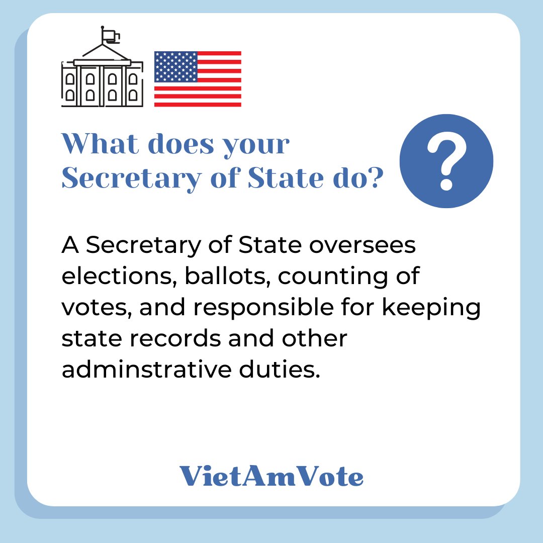 VietAmVote's tweet photo. What does your Secretary of State do? Công việc của Tổng Thư Ký Tiểu Bang là gì? #VietamVote #Midterms2022 https://t.co/sU7vb2ESLh