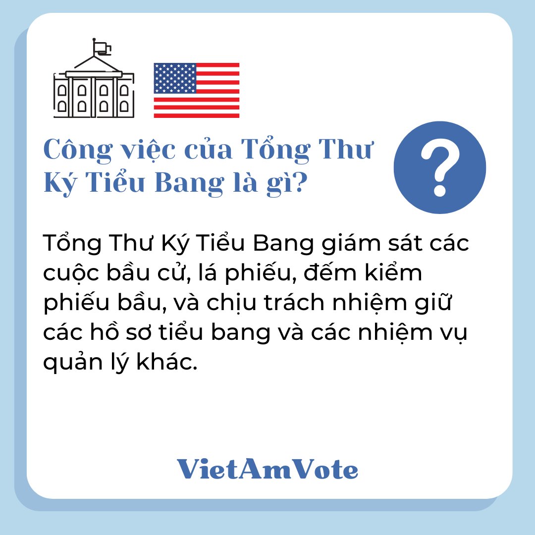 VietAmVote's tweet photo. What does your Secretary of State do? Công việc của Tổng Thư Ký Tiểu Bang là gì? #VietamVote #Midterms2022 https://t.co/sU7vb2ESLh