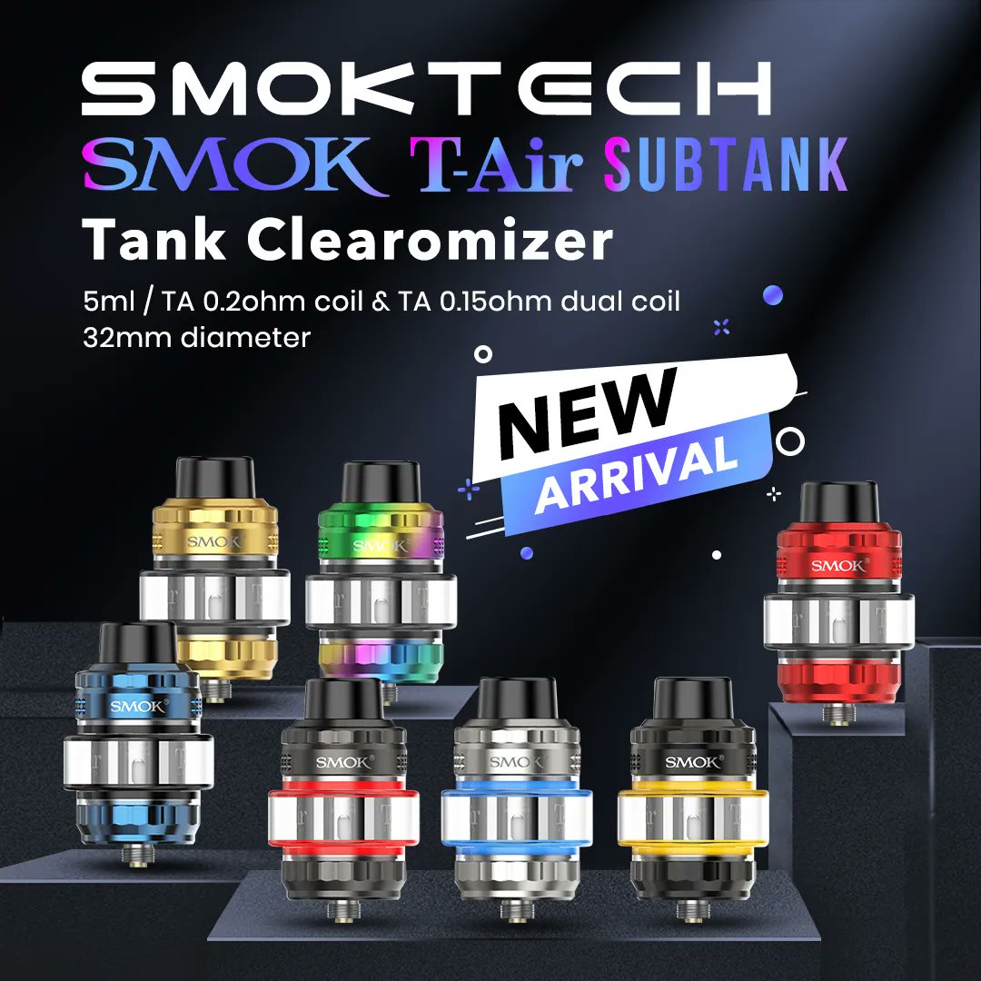 👏 SMOK T-Air Subtank Tank Clearomizer 
👏Shop Now: buff.ly/3FgJHdo 
👏 5ml / 810 drip tip / new T-Air Subtank 
‼️ Top dual-slotted honeycomb airflow control