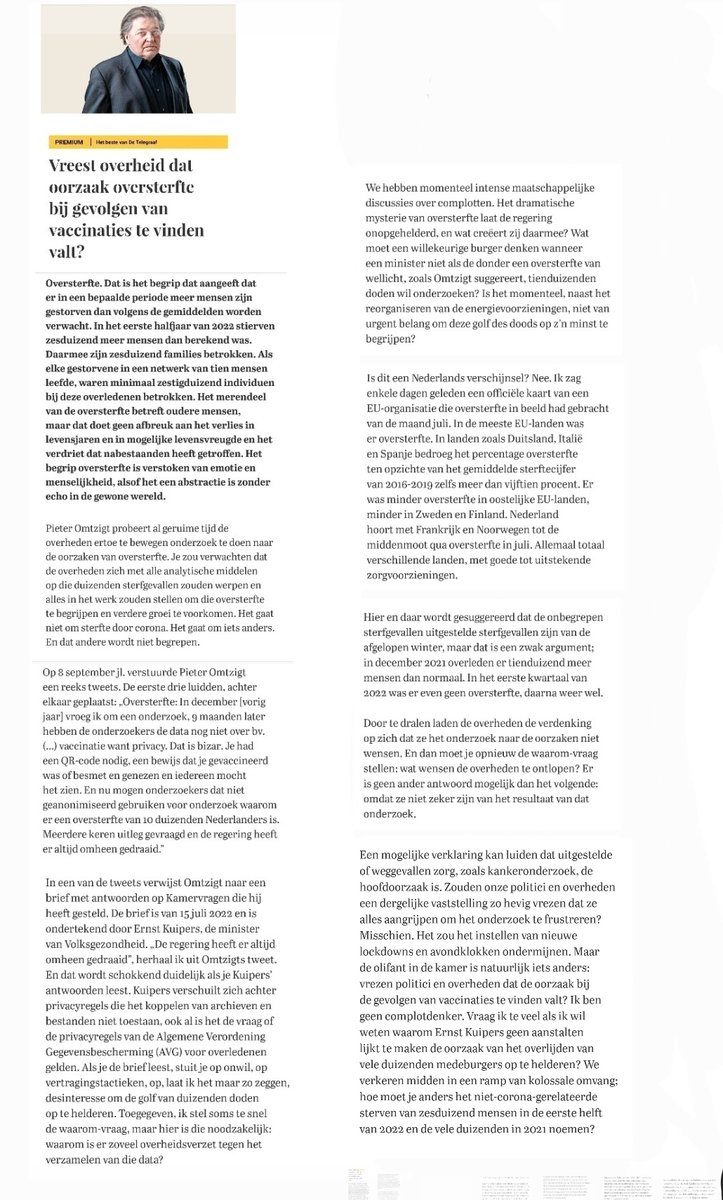 Leon de Winter : Wat moet een willekeurige burger denken wanneer een minister niet als de donder een oversterfte van wellicht - zoals Omtzigt suggereert - tienduizenden doden wil onderzoeken. 
(<a href="/telegraaf/">De Telegraaf</a>).