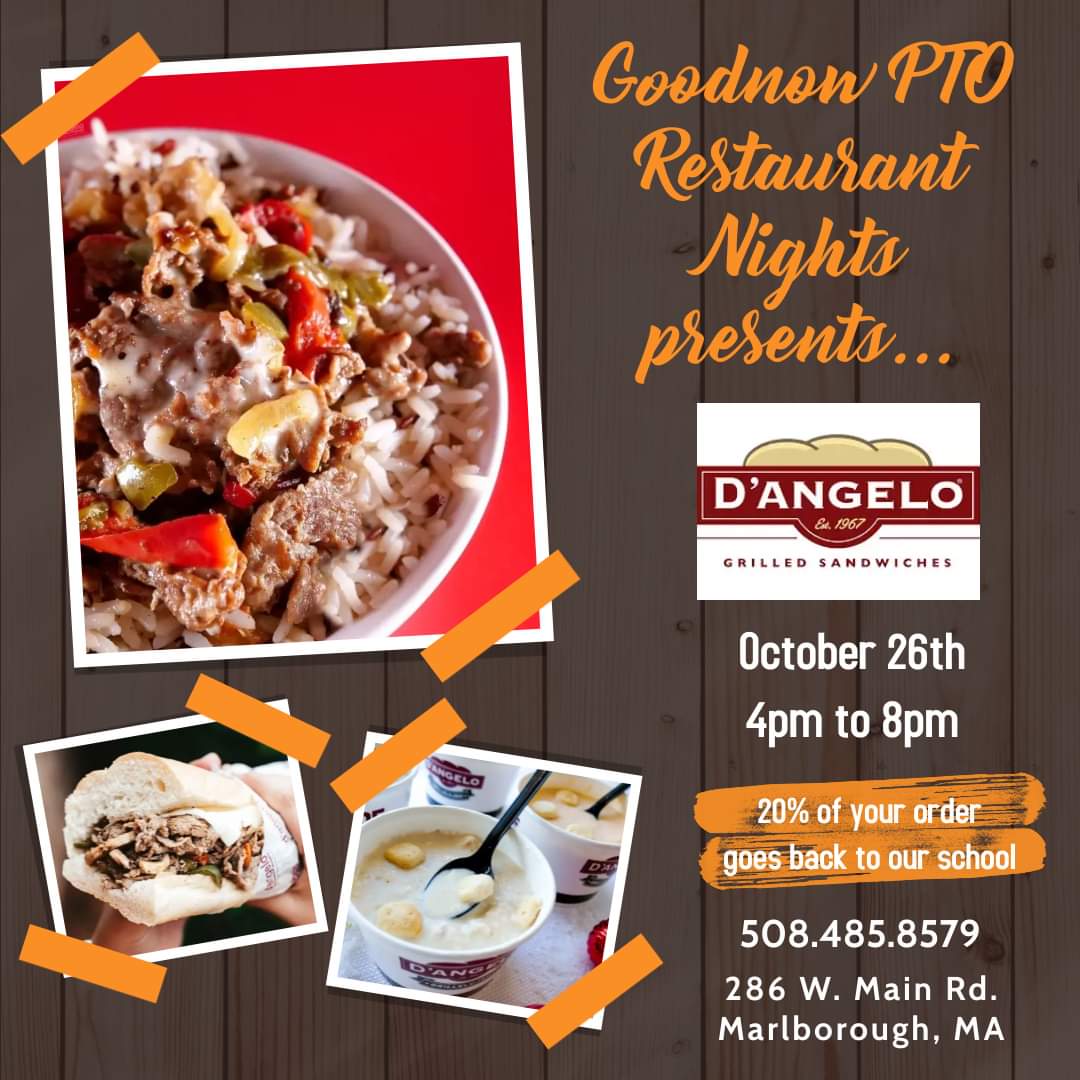 Did you just finish up dinner and think to yourself "I really don't want to do dishes tomorrow night?" 🙋‍♀️
Then I have just the thing for you! Tomorrow night (10/26 in-between 4-8pm) mention Goodnow Brothers PTO when ordering from D'Angelo's and they will give back 20% to the PTO!