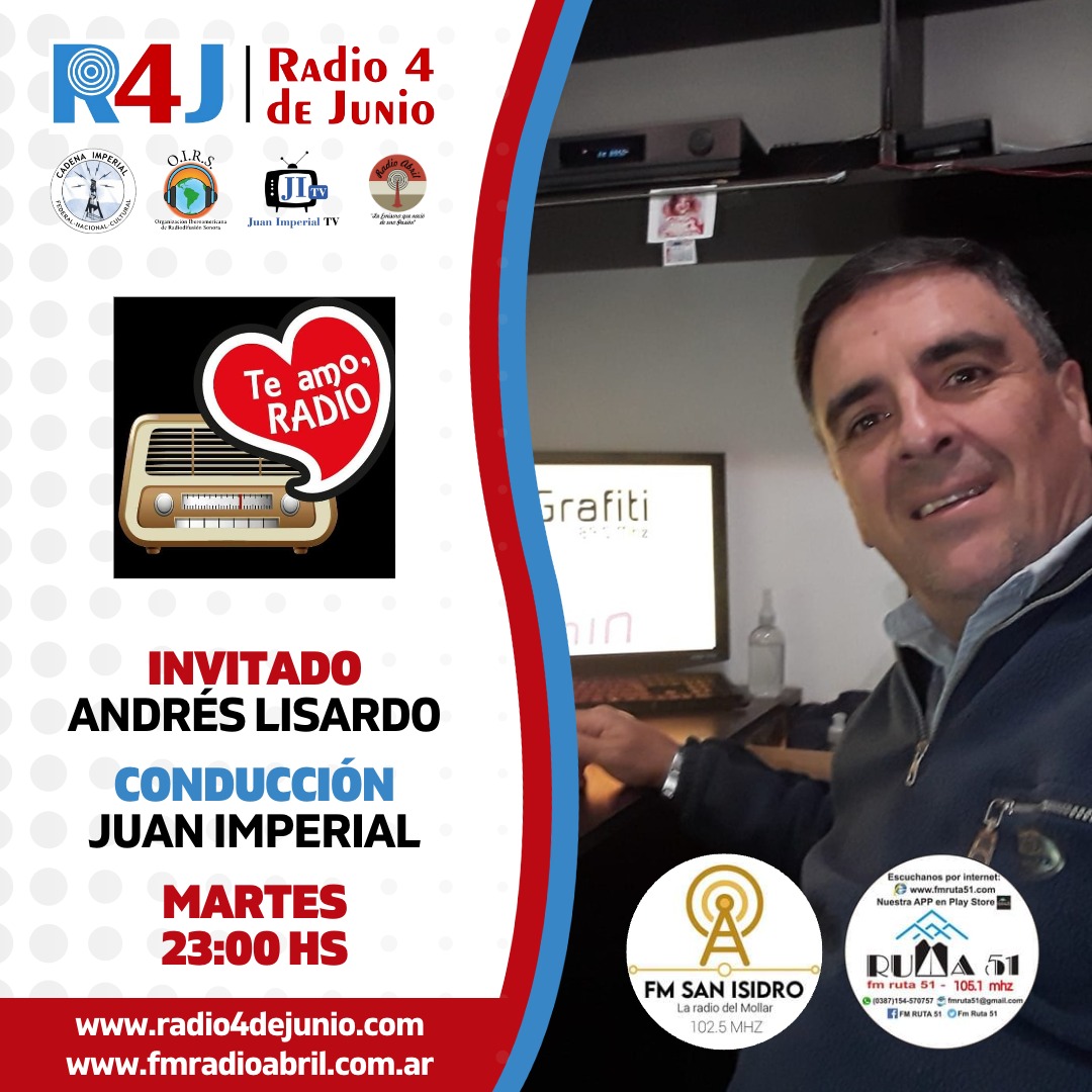 TeAmoRadio2020's tweet photo. ⏰ 23:00
📌 @TeAmoRadio2020
🗣️ @juanimperial
🤝🏻 @andreslisardo
💼 @acaderecpro
📻 @radio4dejunio, @fmradioabril, @juanimperialtv,  @CadenaImperial y @oirsarg
💻 https://t.co/3Ix5tTnlgr - https://t.co/IikvgbdXJD - https://t.co/S3sGIgCKHT https://t.co/qYfwtAAFFG