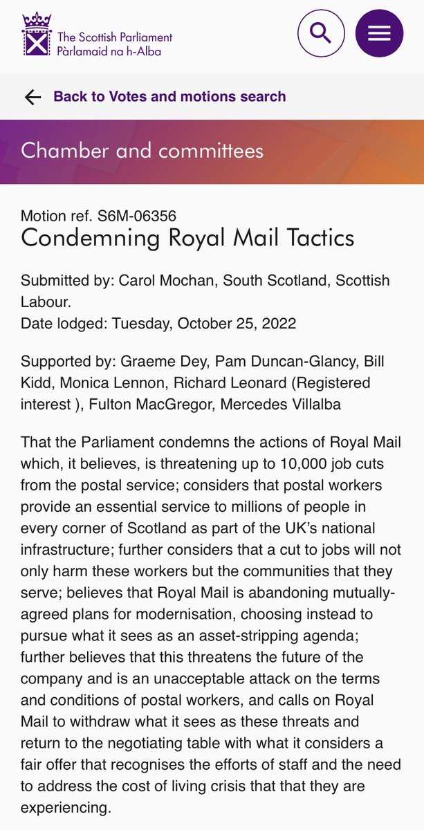 ThinkSharpe's tweet photo. Important motion from @CMochan in the Scottish Parliament condemning Royal Mail’s behaviour towards staff. 

Solidarity with the @CWUnews and @cwu_scotland 

#StandByYourPost https://t.co/3S5MCU59Mj