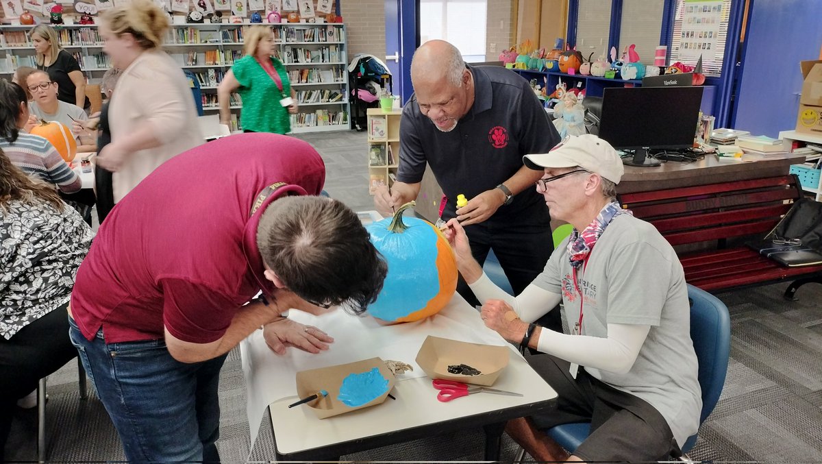 Great <a href="/WoodbridgeElem/">WoodbridgeElem</a> faculty meeting working with fellow Specials Teachers on our pumpkin 🎃 <a href="/RohrbackerMusic/">Mr. Rohrbacker</a>