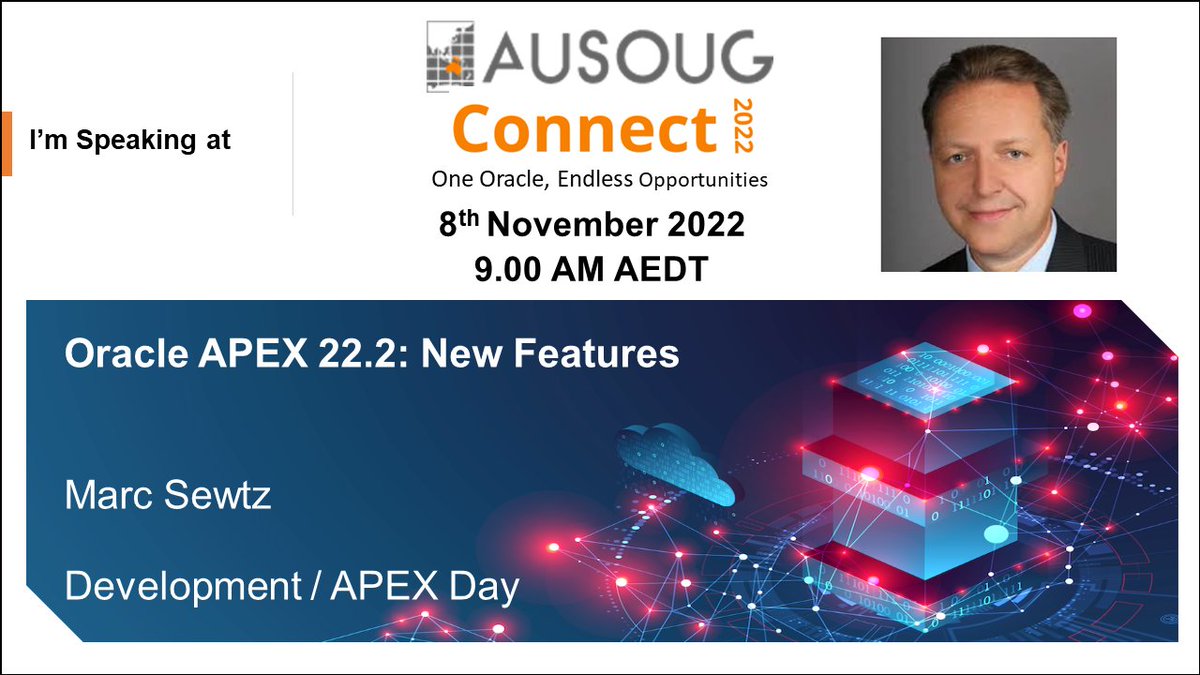 Join me on Nov 8th at 9am AEDT (if you’re in the US, that’s Nov 7th 5pm ET) for on update on Oracle APEX 22.2 at the virtual <a href="/AUSOUG/">AUSOUG</a> Connect 2022 event. 

Register today at: ausoug.org.au/connect-2022-d…

#ausoug #orclAPEX #LowCode
