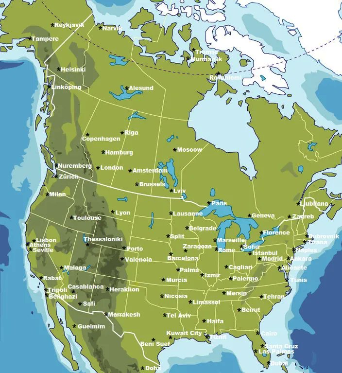 simongerman600's tweet photo. Geography trivia. Know your latitude twin! Major cities and towns in North America replaced by major cities across the Atlantic by latitude. Source: https://t.co/gDRwTwJaou https://t.co/qYx2ipWckP