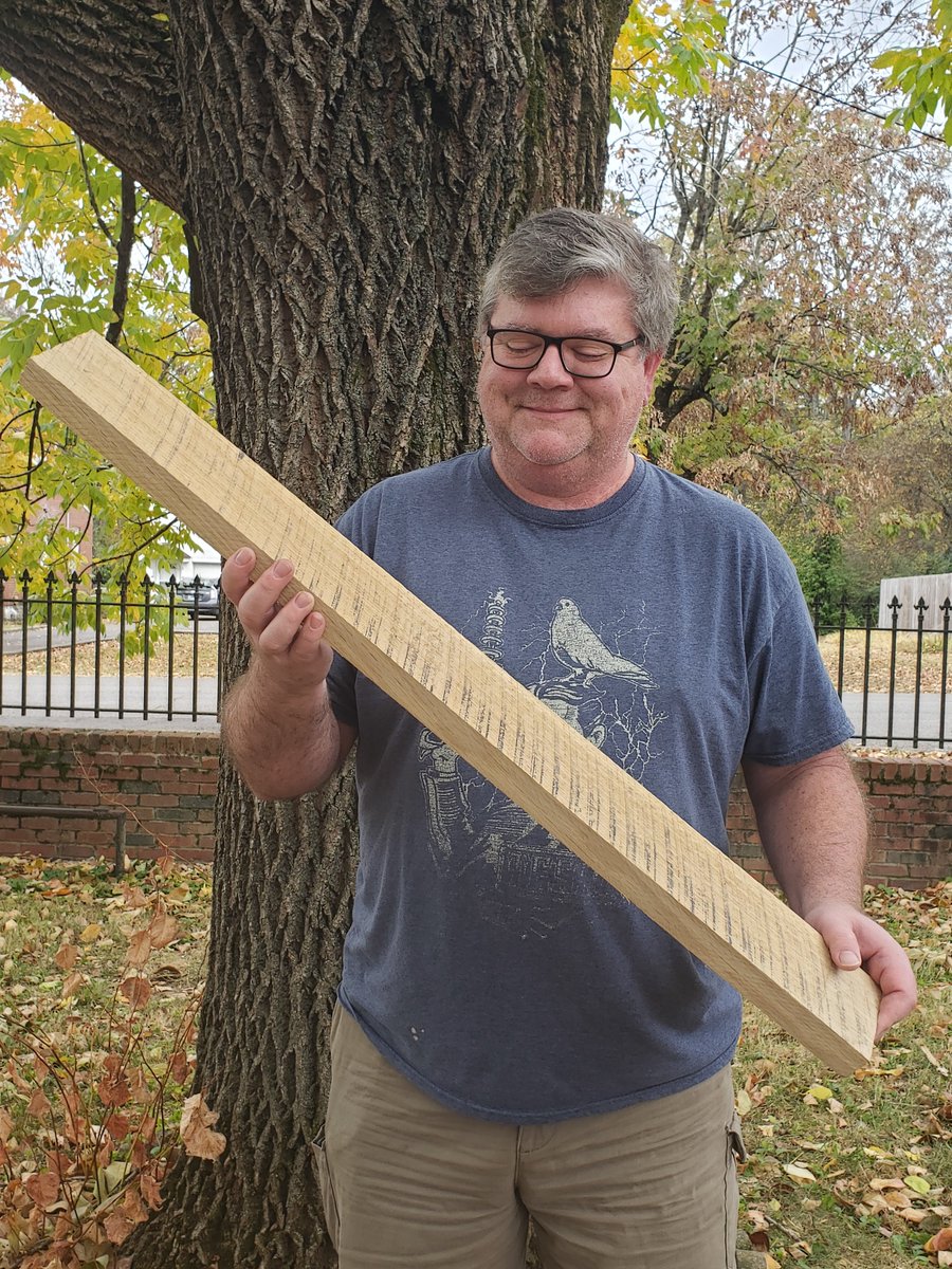 EngineerdSpirit's tweet image. S&amp;amp;S gave us one of the staves they’d cut from our logs to bring home as a display piece at the distillery. Head distiller and owner James Moore seems pretty darn pleased with it. Another step toward our goal: our #JimmmyRedcorn, our #springwater, our #whiteoak, 100% our #whiskey.