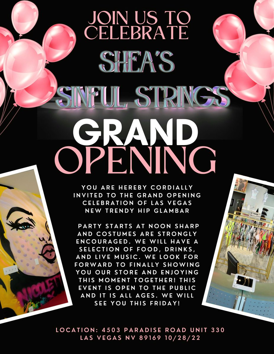 Grand Opening 🎈 Friday 10/28 NOON UNTIL 8PM #GLAMBAR @sinfulstrings #PARTY