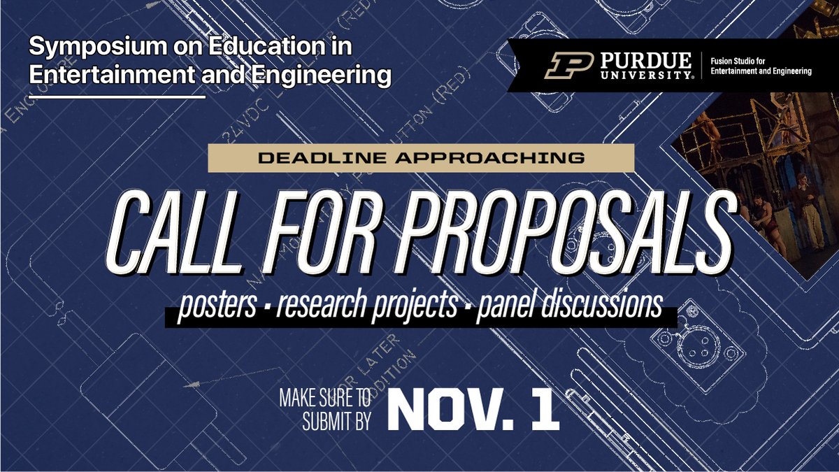 FusionStudioPU's tweet photo. The deadline to submit a proposal for our 2023 Symposium on Education in Entertainment and Engineering is November 1st! 

Make sure to submit your ideas before the deadline. We want to hear from you!

Link to submit: https://t.co/iaIBvVPEVa https://t.co/bsEoxc5u66