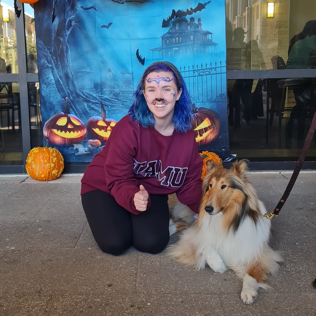 TAMUOneHealth's tweet photo. @reveille came to the Vet School for a visit last Friday. Her very presence helped improve the health of our students -- another interaction among human animals, non-human animals, vegetation, and the environment to create a healthier world and here -- specifically -- university. https://t.co/Rj0GtsoPoi