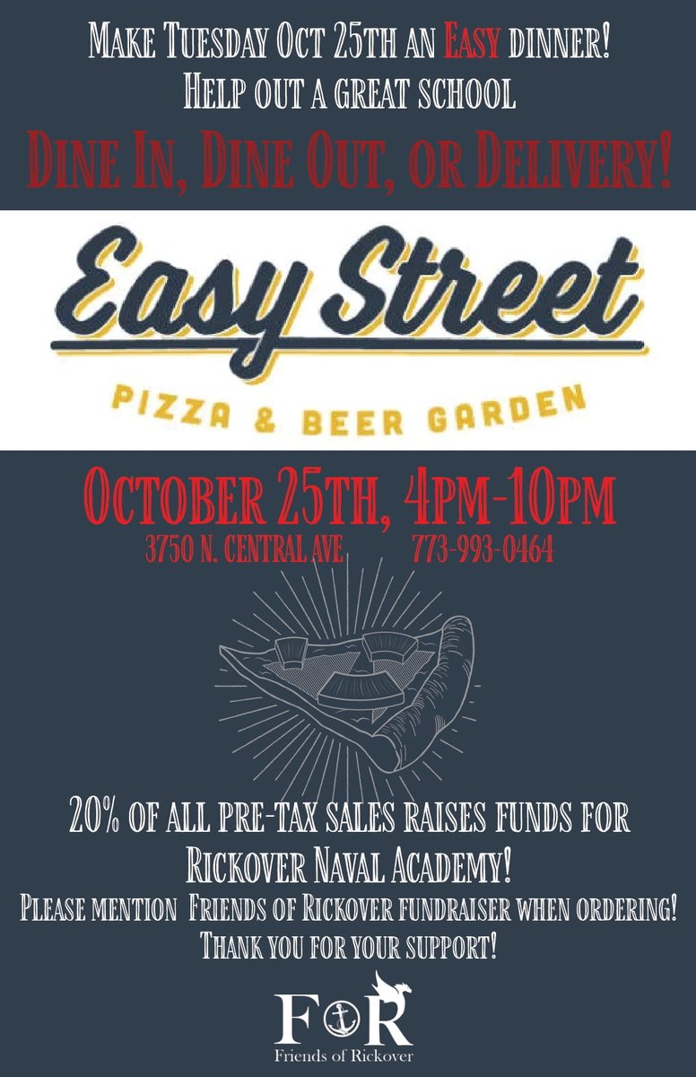 RickoverNavalHS's tweet photo. Don't forget TONIGHT--Support our cadets w/a fundraising night @EasyStreetPizza, 4pm-10pm (just mention Friends of Rickover)! Easy Street will donate  20% of pretax sales to Friends of Rickover. This is good for dine in, dine out or delivery! #SupportOurCadets #FriendsofRickover https://t.co/XMH0GYAlzW