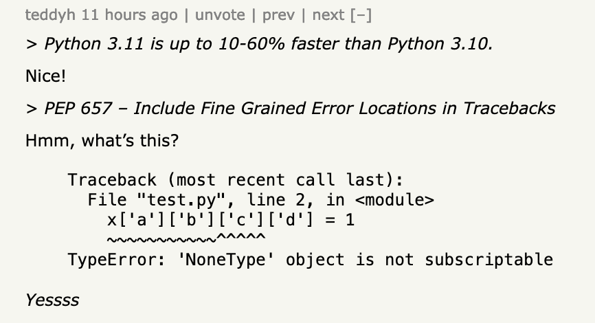 larryskye_'s tweet photo. Python 3.11 is faster, and has better error handling! 🎉🤯 https://t.co/IZcCpIOROo