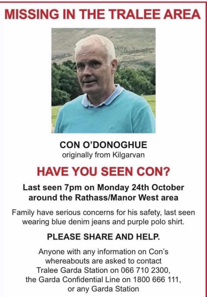 There is an organised Search Party tomorrow Wednesday 26th; Meeting Point: Manor West, Tralee @ 9am