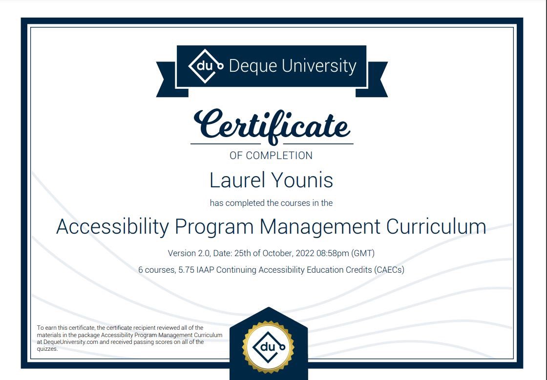 Finished up my accessibility program management certification today 🎉🙌 #a11y #inclusivetech #SoftwareEngineer #100devs