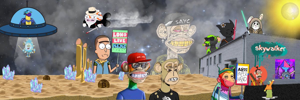 This Banner was so much fun to make <a href="/SkywalkerNFT11/">Skywalker</a> this was a tough one to fit everything you sent me but I did it :). 

<a href="/GodHatesNFTees/">God Hates NFTs 🐇</a> <a href="/basedfishmafia/">Based Fish Mafia 🎣</a> <a href="/24CarrotBunny/">Doodlcorns by 24 Carrot</a> <a href="/fatratmafia/">Fat Rat Mafia 🧀🐭</a> <a href="/moosesocietynft/">The Moose Society🦌</a> @420BudzClub 

#twitter #eth #solana #nft #community #space #web3 #crypto #yeet