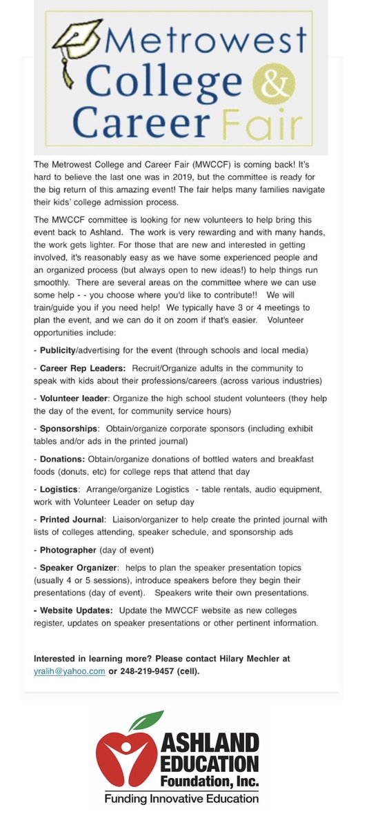 Looking for a way to get involved? We would love your help with the Metrowest College and Career Fair. Click the photo to see all the ways you can help!!