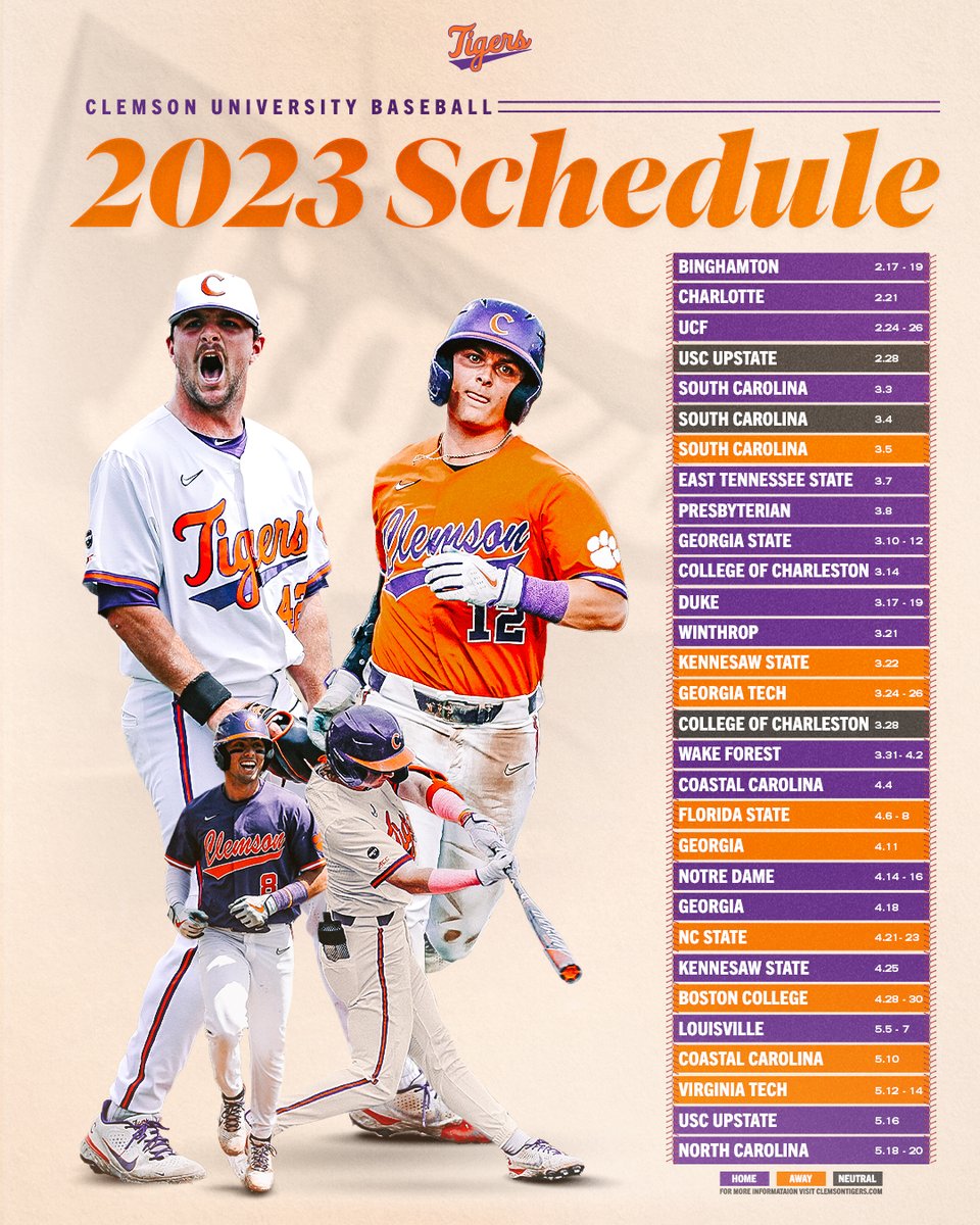 ClemsonBaseball's tweet image. 𝐓𝐇𝐄 2️⃣0️⃣2️⃣3️⃣ 𝐒𝐂𝐇𝐄𝐃𝐔𝐋𝐄 𝐈𝐒 𝐇𝐄𝐑𝐄! 🗓️

Get all the details on the upcoming slate for #Clemson under first-year Head Coach Erik Bakich. 🐾

bit.ly/3DxPkCU